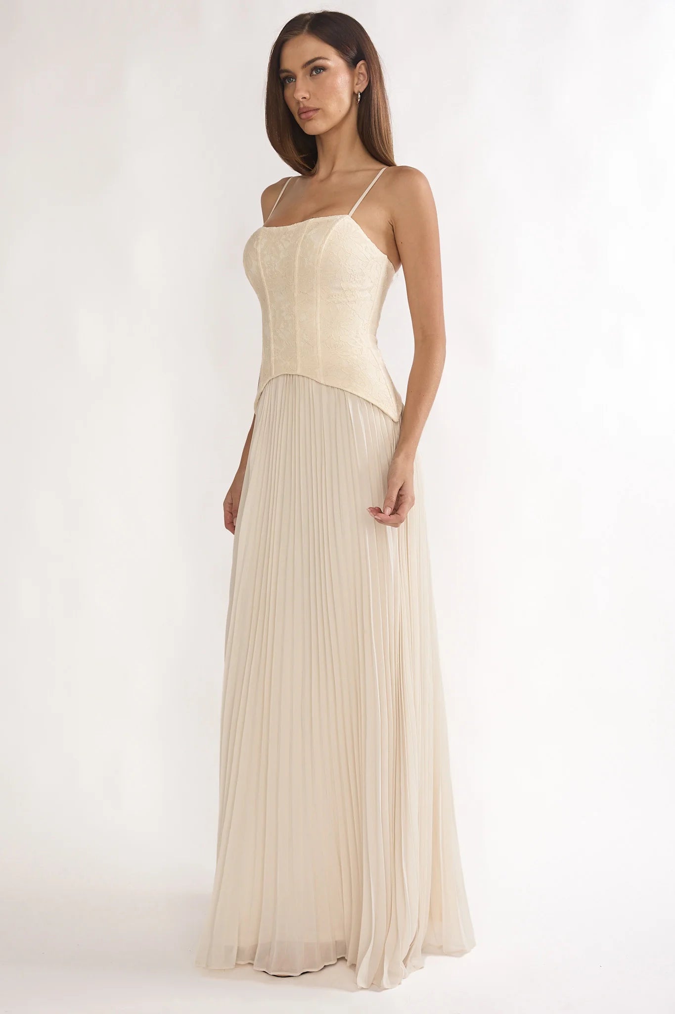 Champagne Spaghetti Strap Corset Pleated Chiffon Bridesmaid Evening Dress