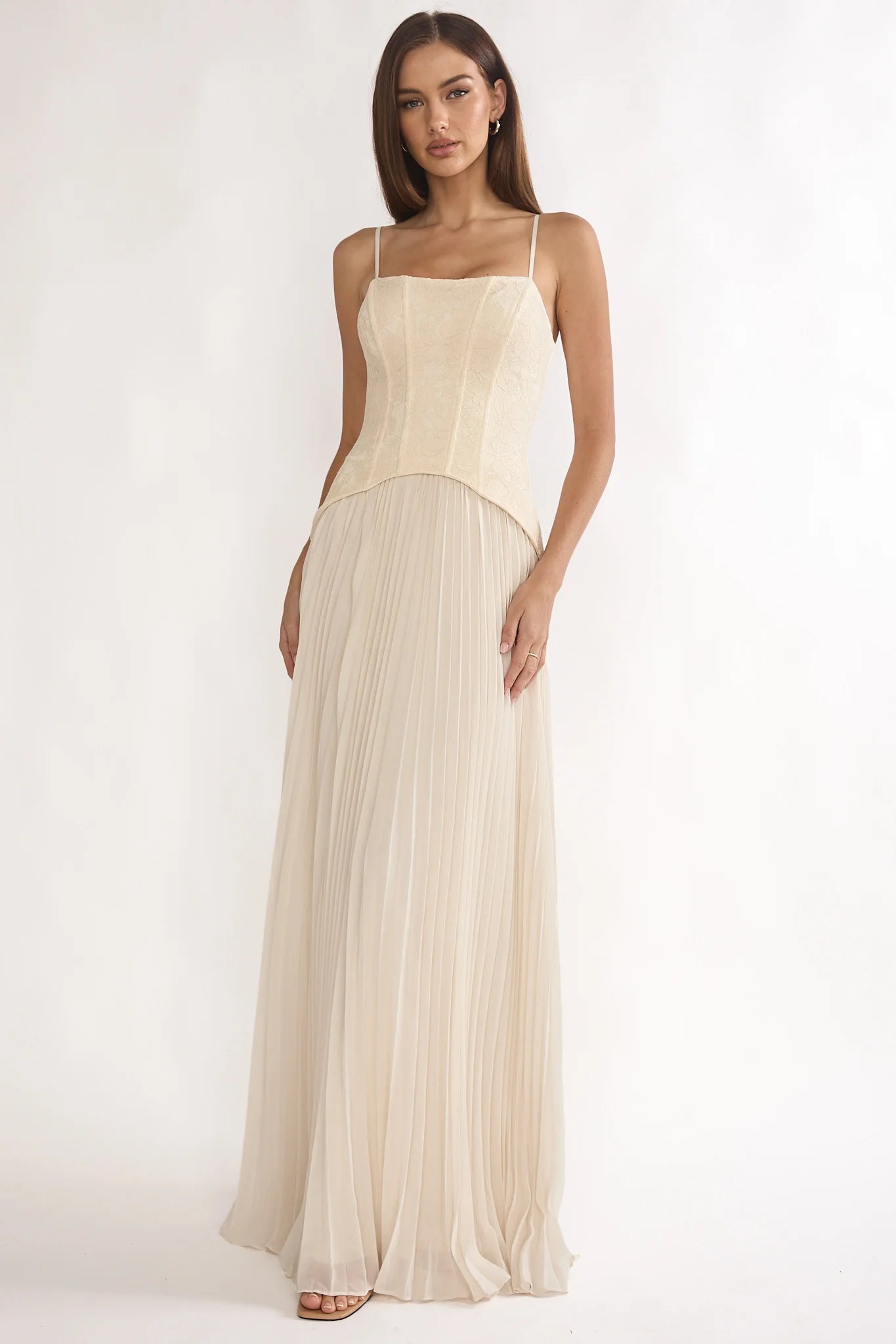 Champagne Spaghetti Strap Corset Pleated Chiffon Bridesmaid Evening Dress