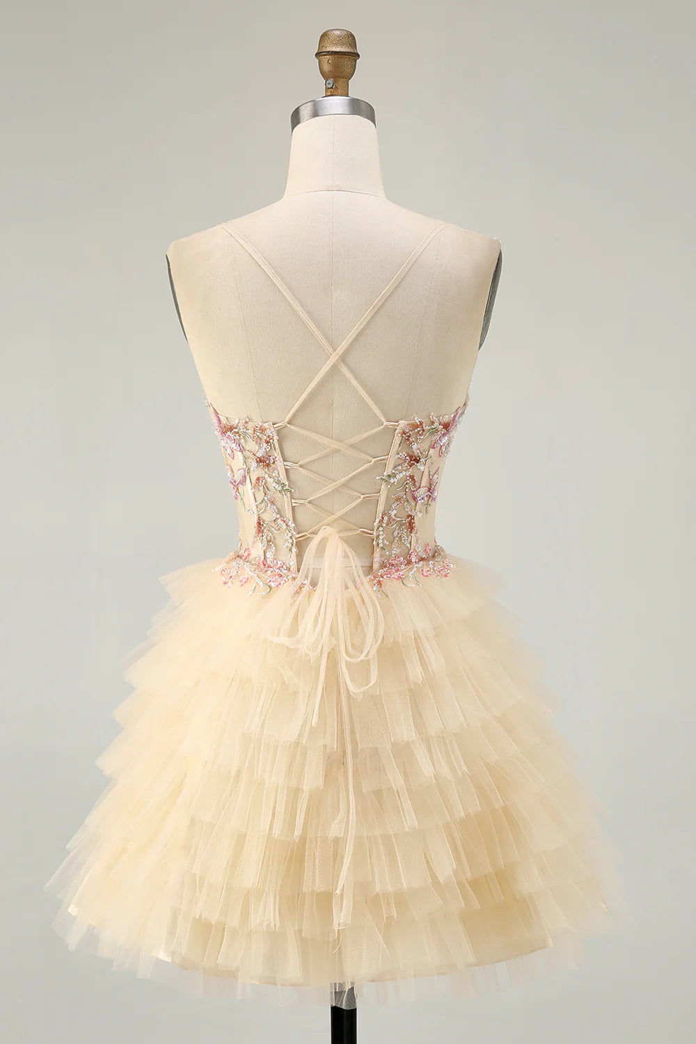 Champagne Spaghetti Strap Homecoming Dress With Floral Embroidery And Tiered Tulle Skirt