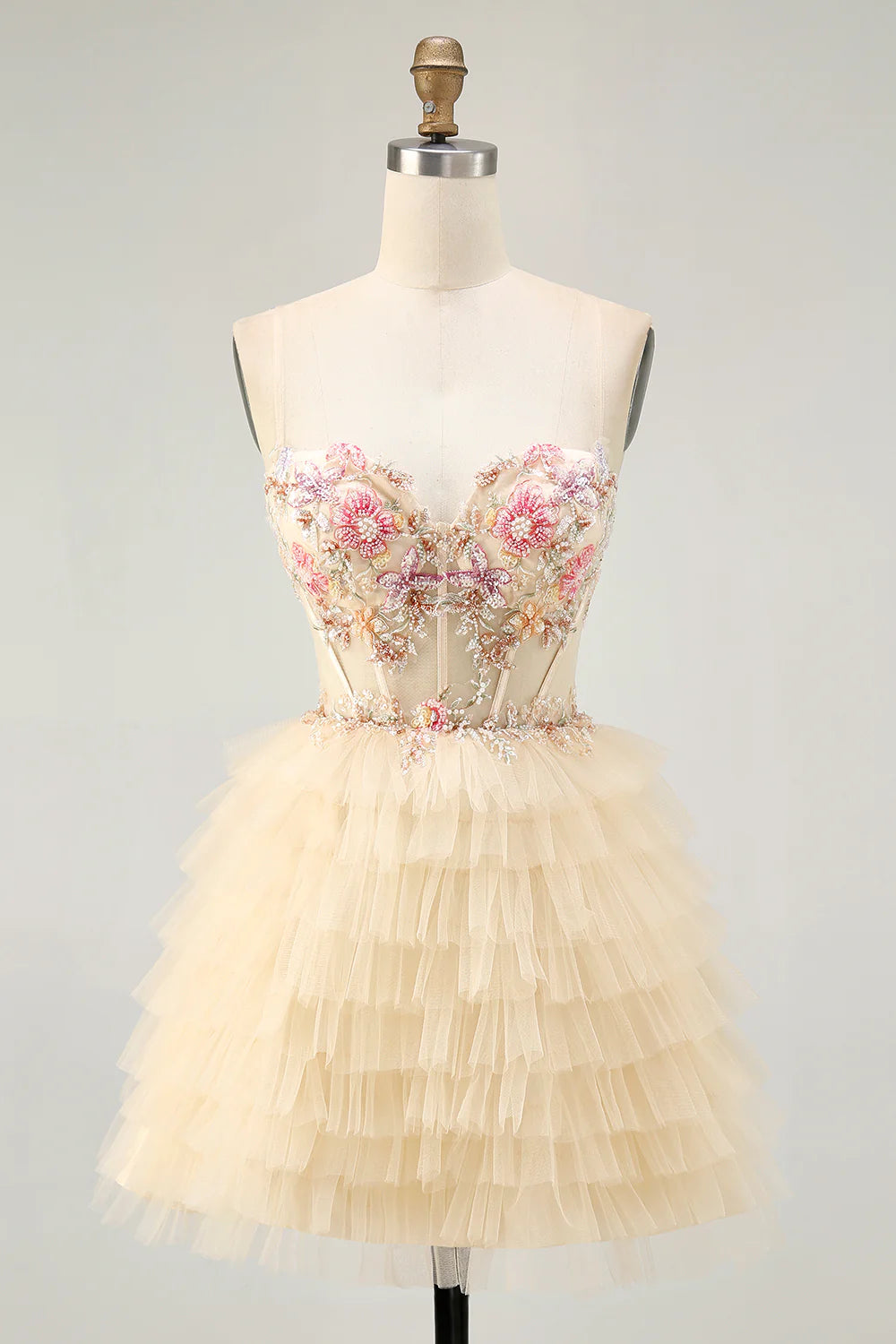 Champagne Spaghetti Strap Homecoming Dress With Floral Embroidery And Tiered Tulle Skirt