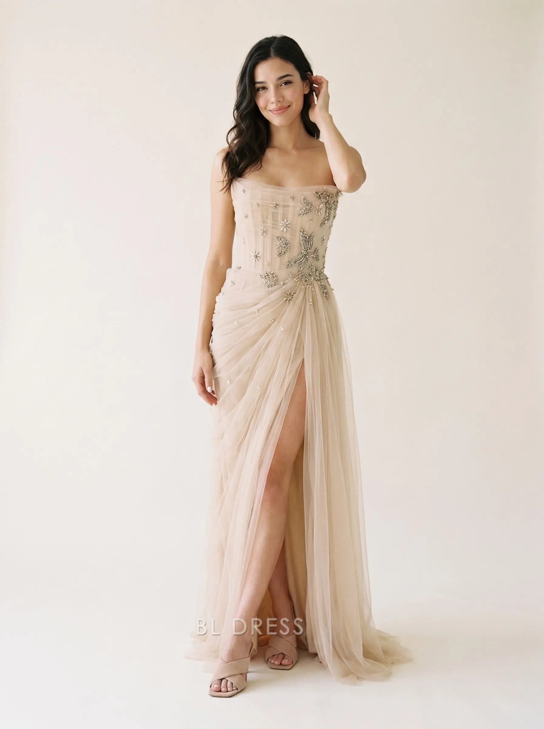 Champagne Strapless Corset Lace Up Back Star and Floral Beaded Applique High Slit Draped Tulle Floor Length Prom Dress