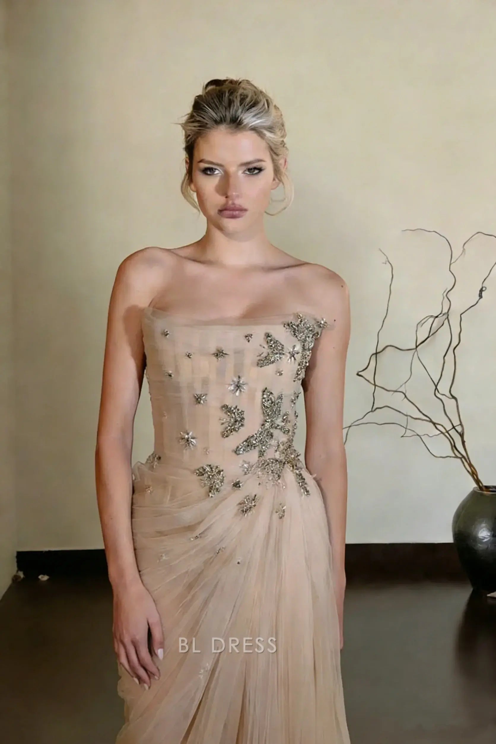 Champagne Strapless Corset Lace Up Back Star and Floral Beaded Applique High Slit Draped Tulle Floor Length Prom Dress