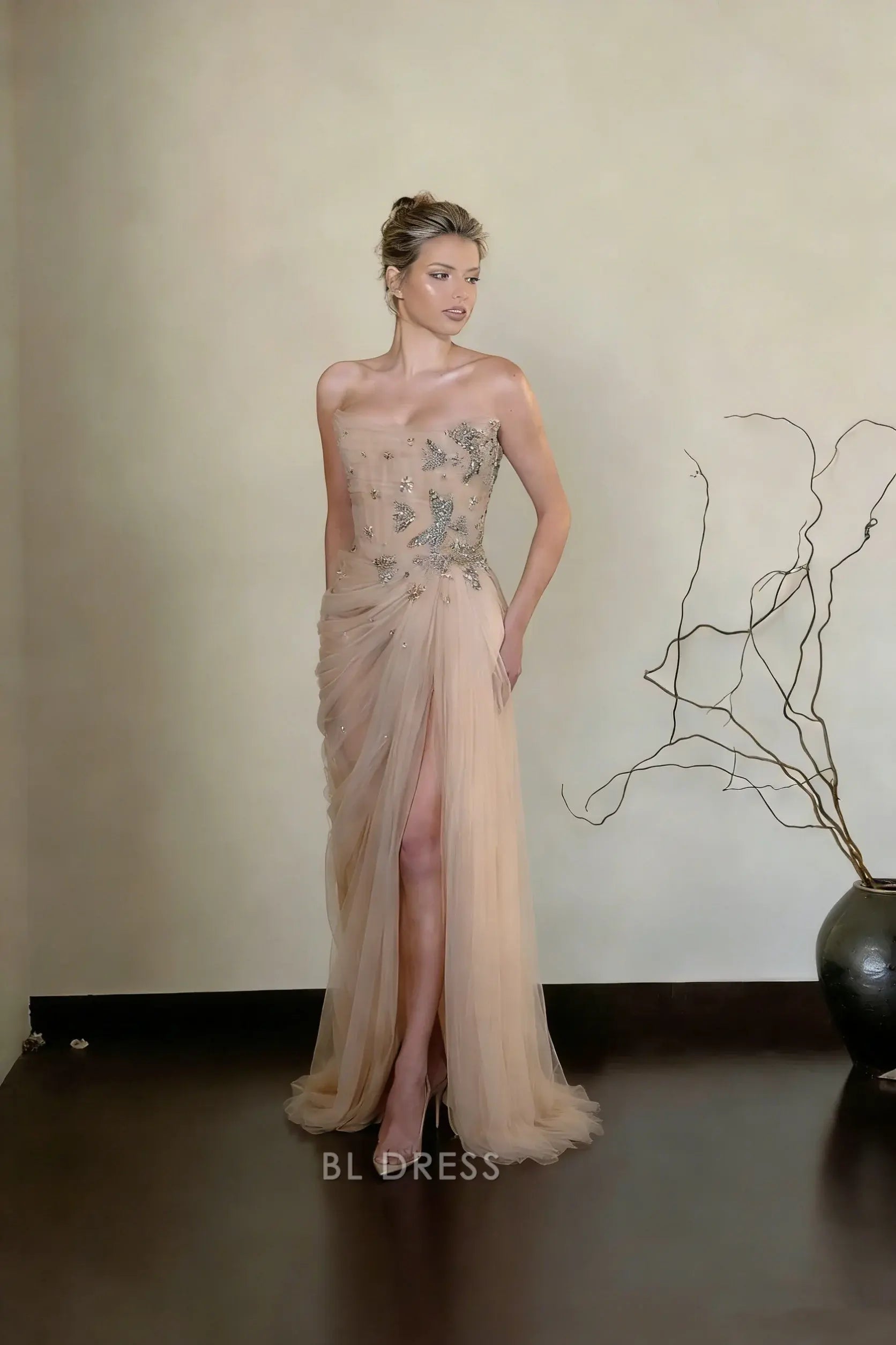 Champagne Strapless Corset Lace Up Back Star and Floral Beaded Applique High Slit Draped Tulle Floor Length Prom Dress