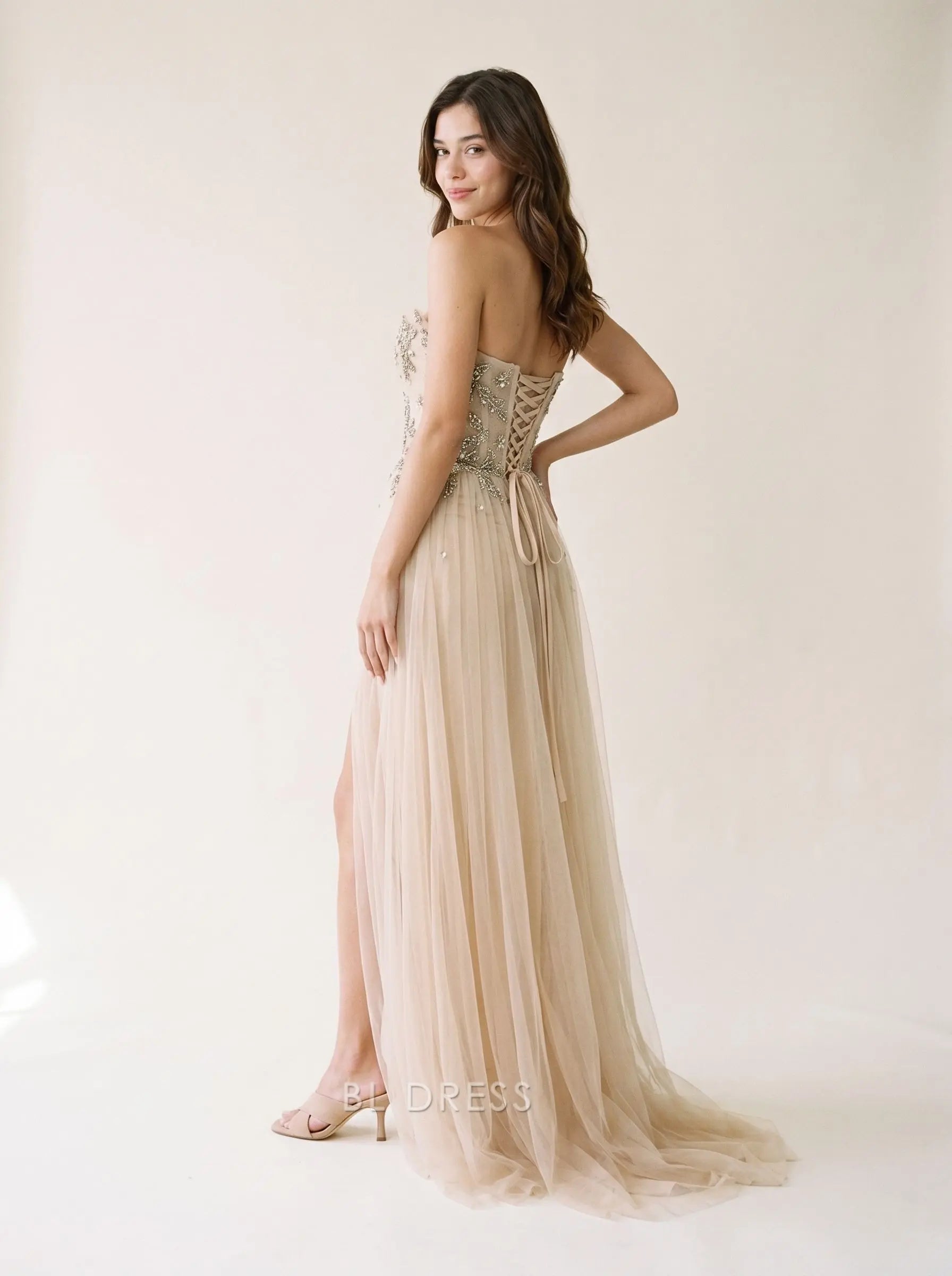 Champagne Strapless Corset Lace Up Back Star and Floral Beaded Applique High Slit Draped Tulle Floor Length Prom Dress