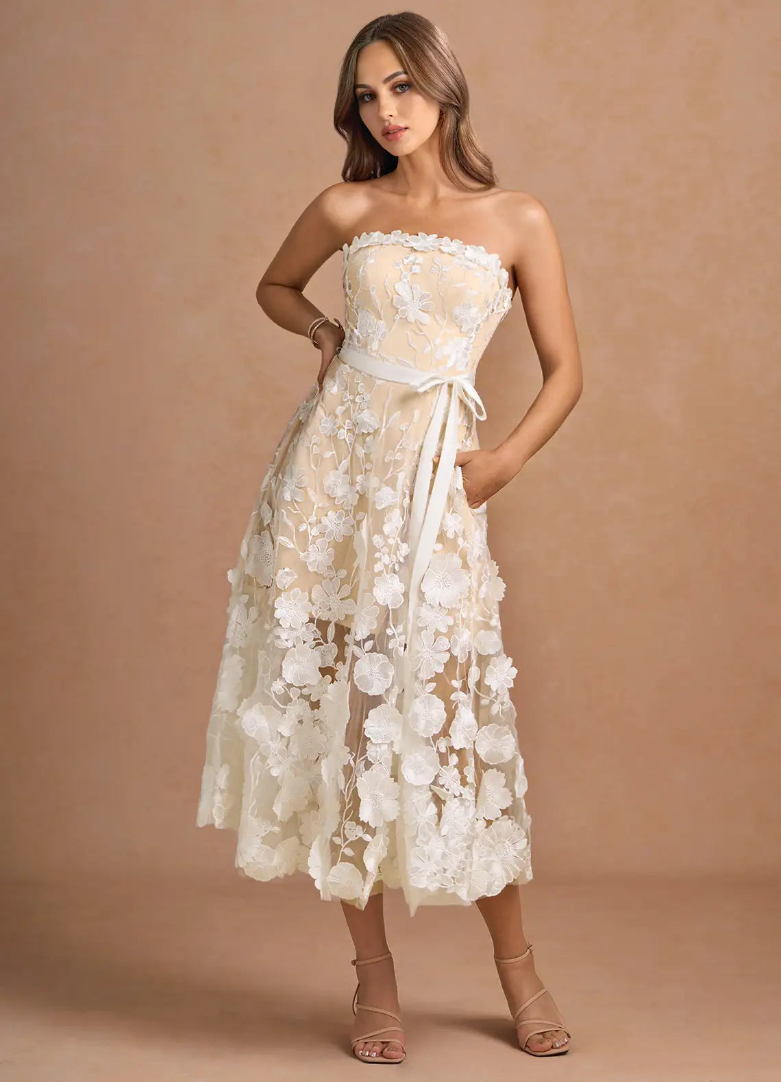 Champagne Strapless Floral Lace Prom Dress with Midi A Line Skirt and Satin Waist Belt for Formal Events and Bridal Occasions