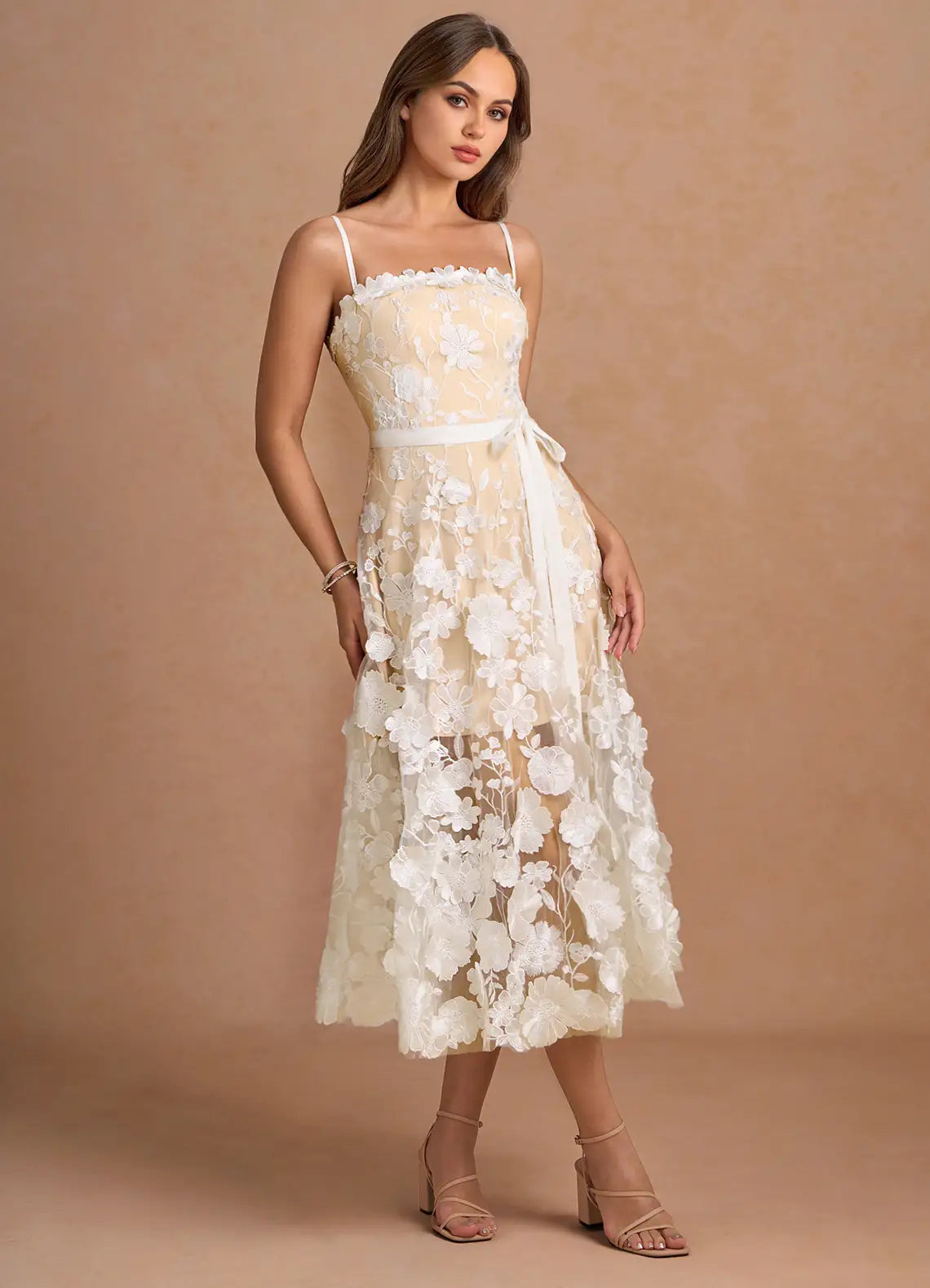 Champagne Strapless Floral Lace Prom Dress with Midi A Line Skirt and Satin Waist Belt for Formal Events and Bridal Occasions