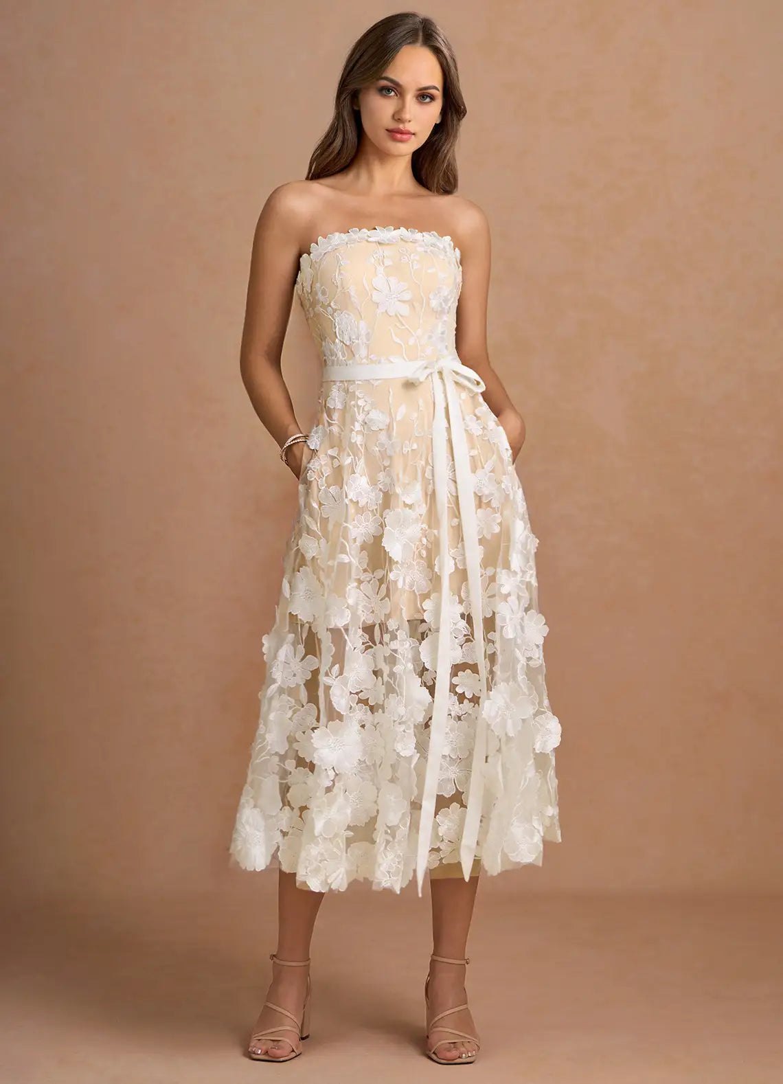 Champagne Strapless Floral Lace Prom Dress with Midi A Line Skirt and Satin Waist Belt for Formal Events and Bridal Occasions