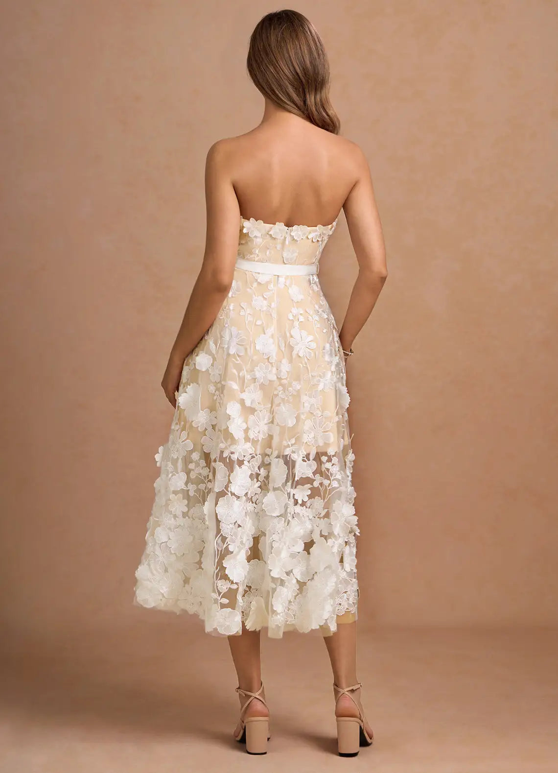 Champagne Strapless Floral Lace Prom Dress with Midi A Line Skirt and Satin Waist Belt for Formal Events and Bridal Occasions
