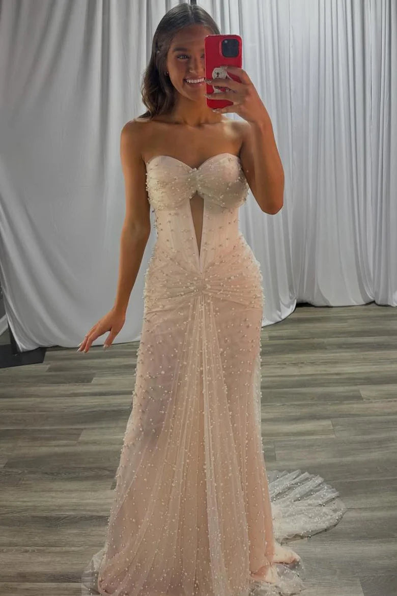 Champagne Strapless Pearl Embellished Plunge Tulle Mermaid Train Evening Dress