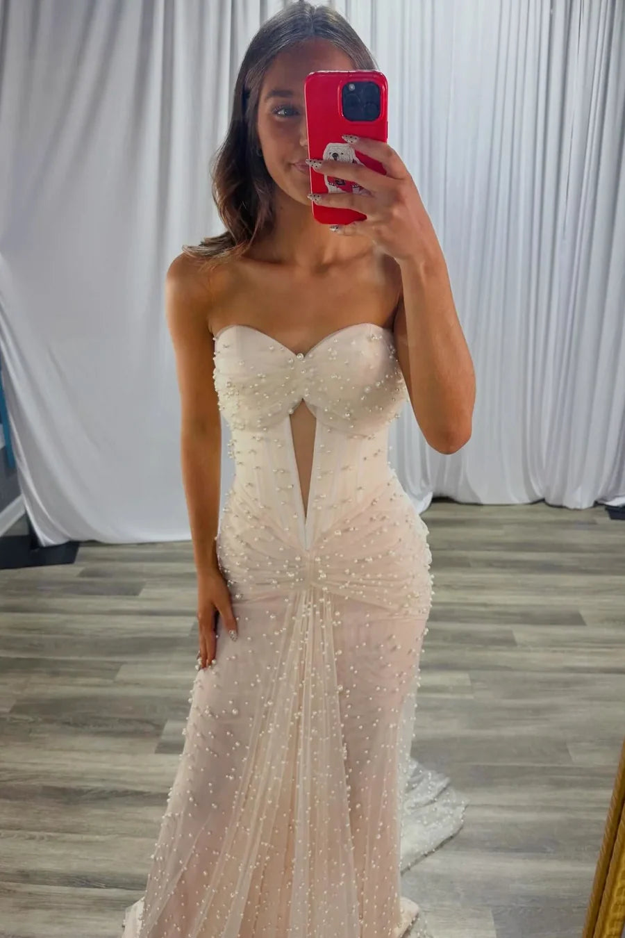 Champagne Strapless Pearl Embellished Plunge Tulle Mermaid Train Evening Dress