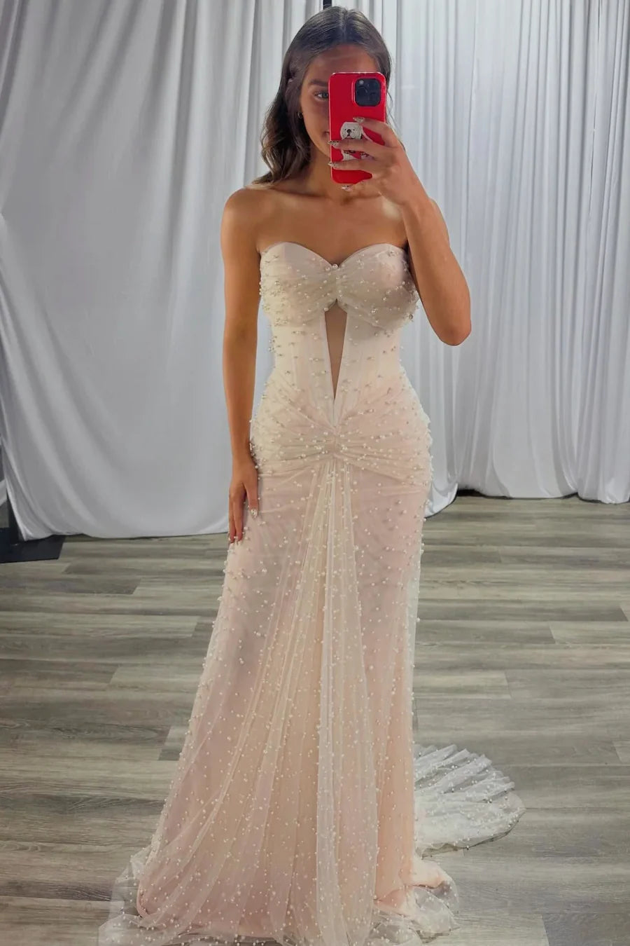 Champagne Strapless Pearl Embellished Plunge Tulle Mermaid Train Evening Dress