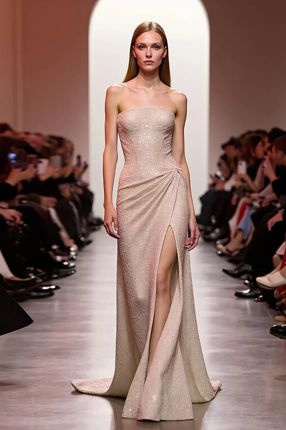 Champagne Strapless Prom Dress With Draped High Slit And Sequin Embellished Mermaid Silhouette For Formal Evening Party