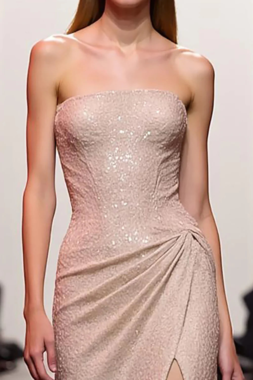 Champagne Strapless Prom Dress With Draped High Slit And Sequin Embellished Mermaid Silhouette For Formal Evening Party