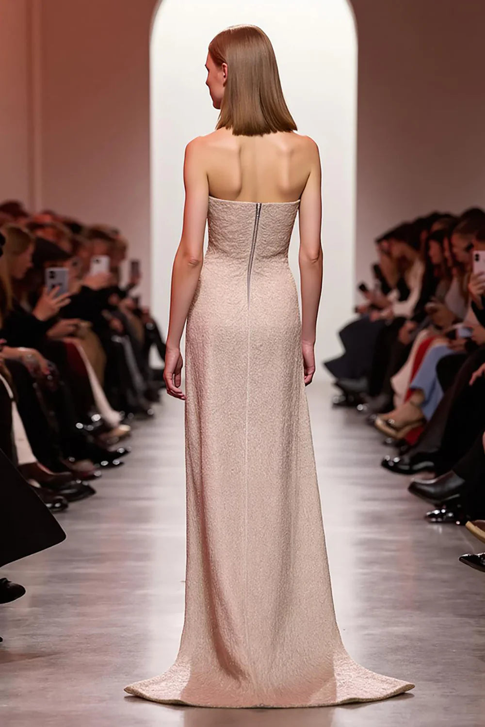 Champagne Strapless Prom Dress With Draped High Slit And Sequin Embellished Mermaid Silhouette For Formal Evening Party