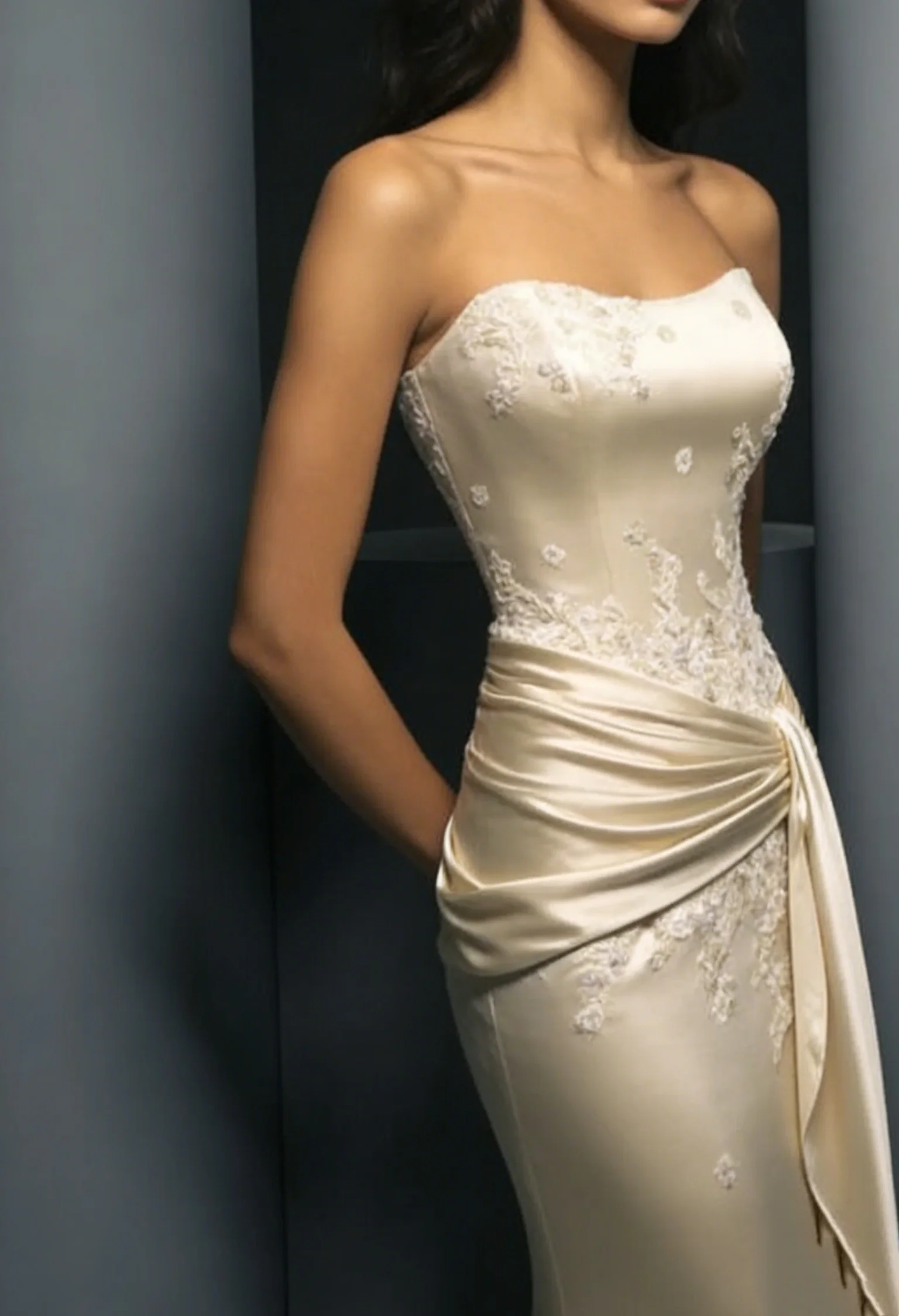 Champagne Strapless Prom Dress With Lace Appliques And Draped Waist Mermaid Formal Prom Dress