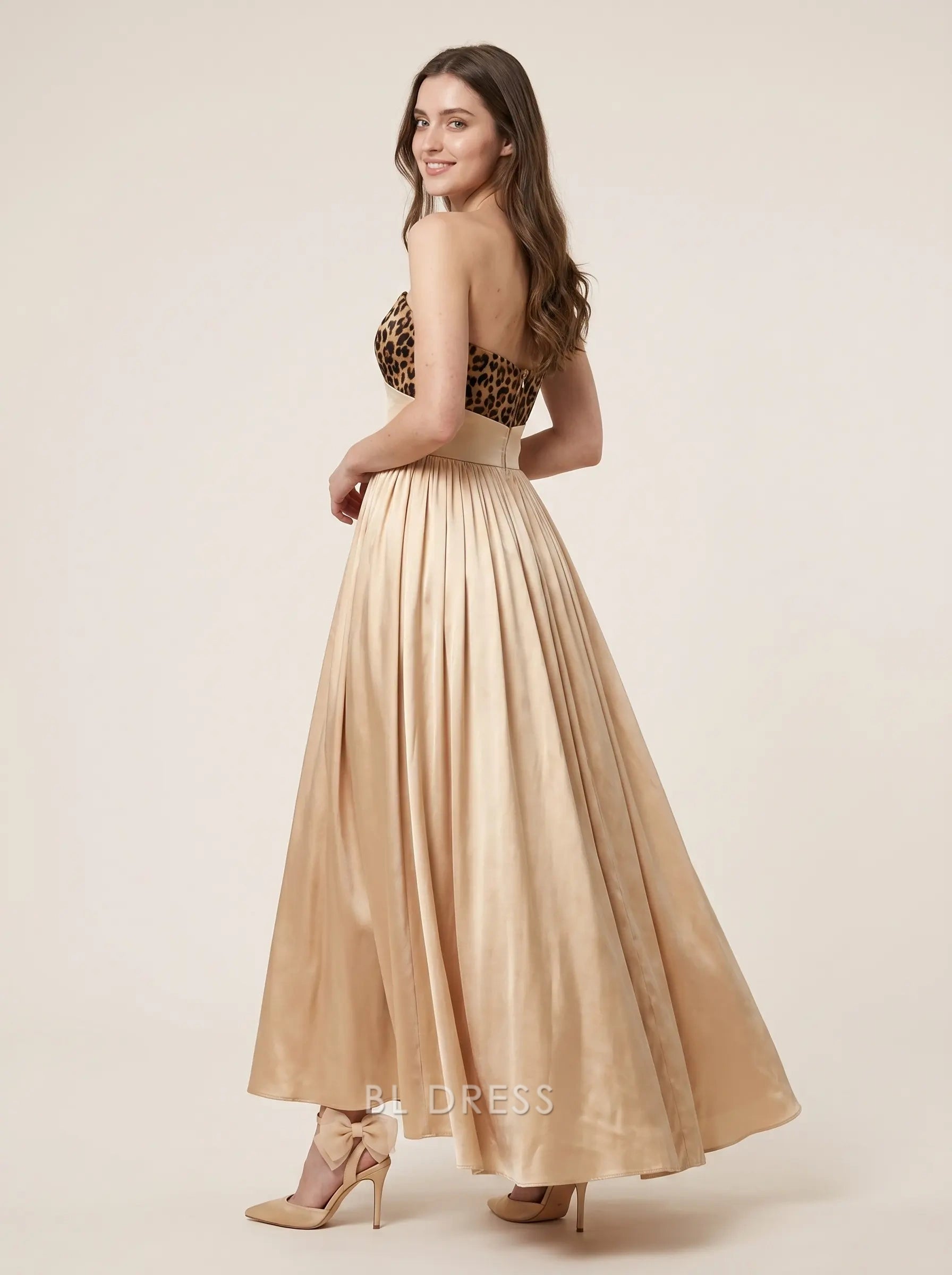Champagne and Leopard Print Strapless V Neck Satin A Line Floor Length Formal Evening Prom Dress