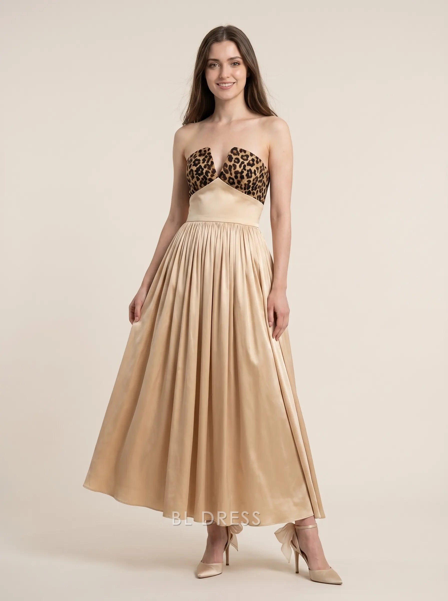 Champagne and Leopard Print Strapless V Neck Satin A Line Floor Length Formal Evening Prom Dress