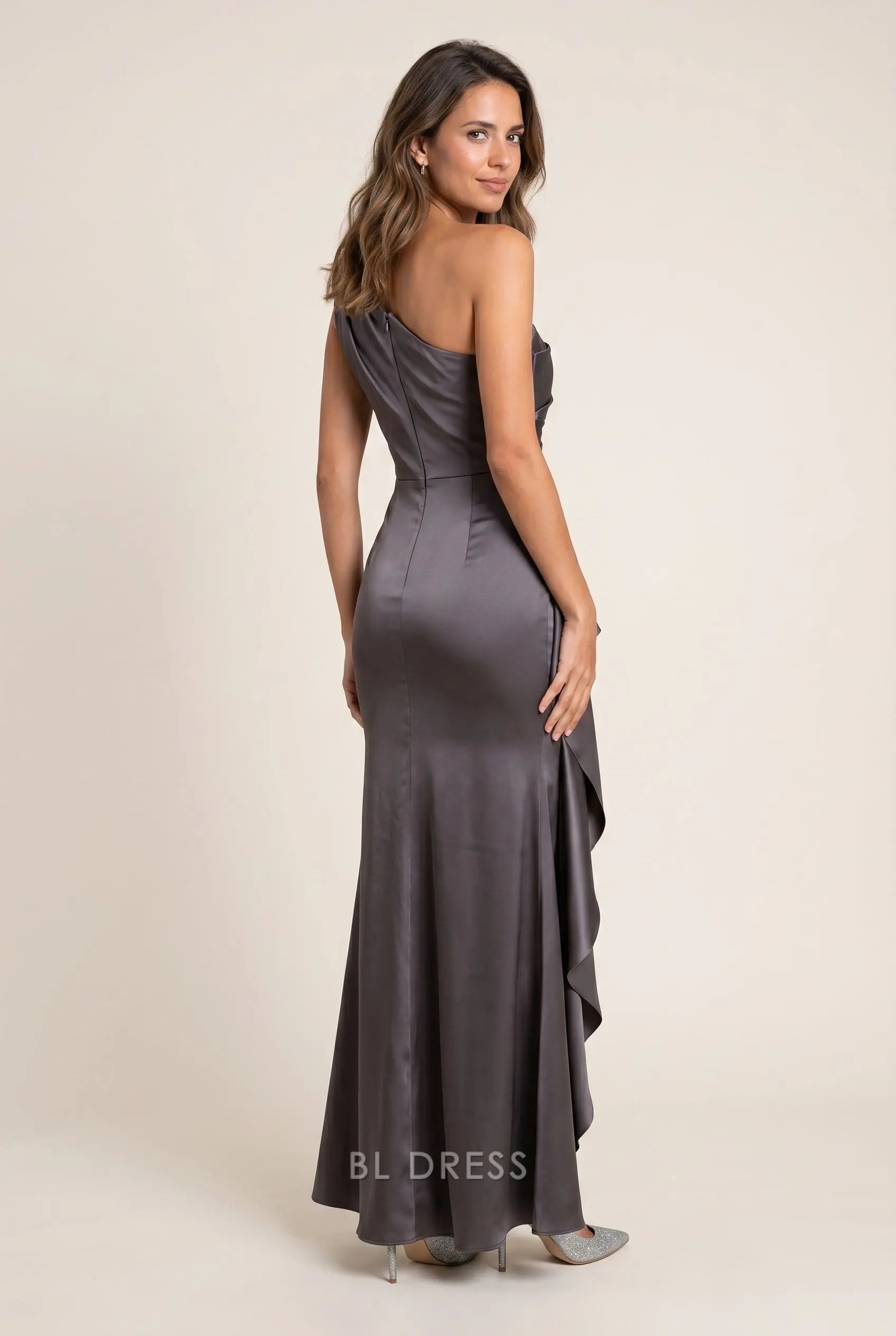 Charcoal Gray Satin One Shoulder Side Ruched Cascading Ruffle High Slit Mermaid Maxi Prom Dress