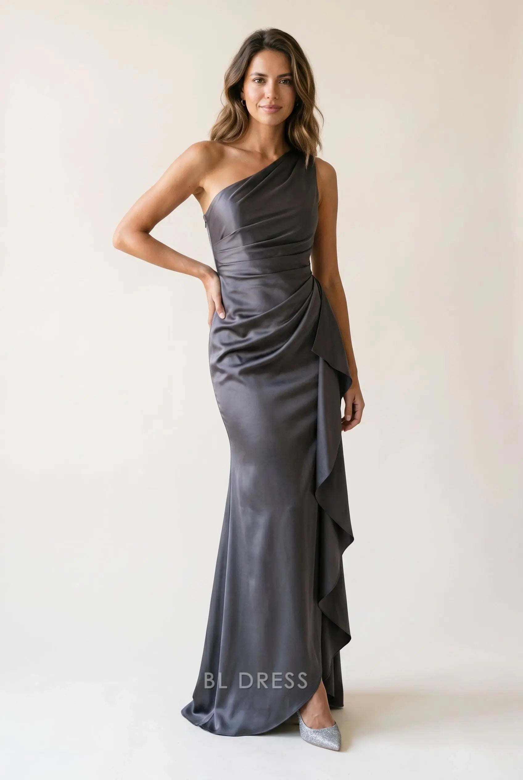Charcoal Gray Satin One Shoulder Side Ruched Cascading Ruffle High Slit Mermaid Maxi Prom Dress