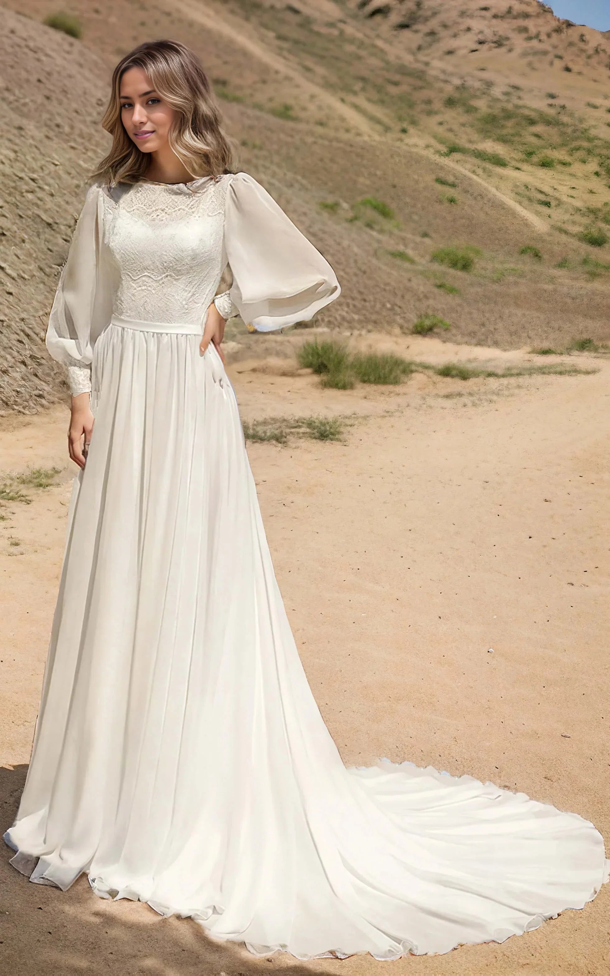 Back view of an A-line long sleeve wedding dress with a bateau neck and elegant train.