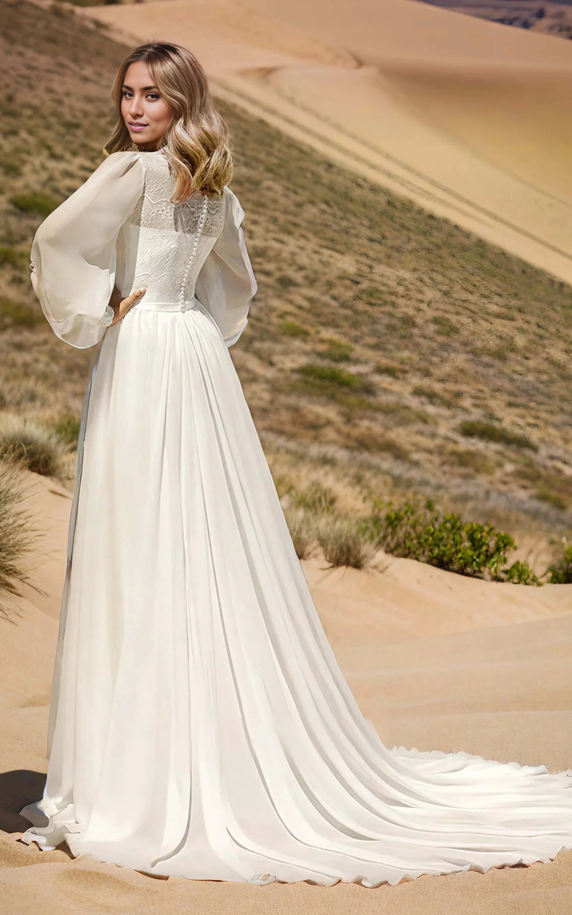 Front view of an A-line long sleeve wedding dress with a bateau neck and flowing train.