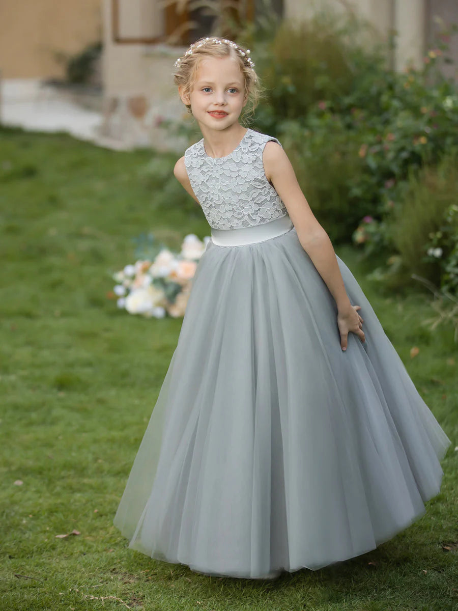 Full view of the A-line tulle flower girl dress, perfect for weddings.