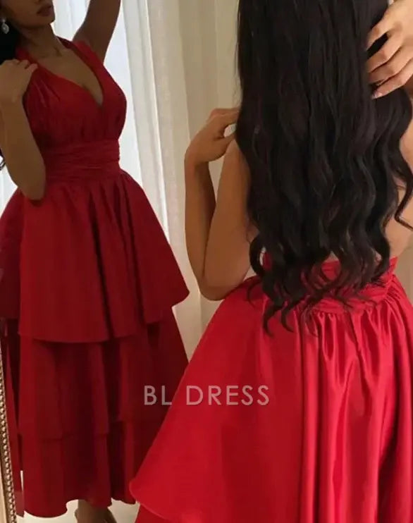 Back view of the A-line halter V-neck tiered satin formal dress.