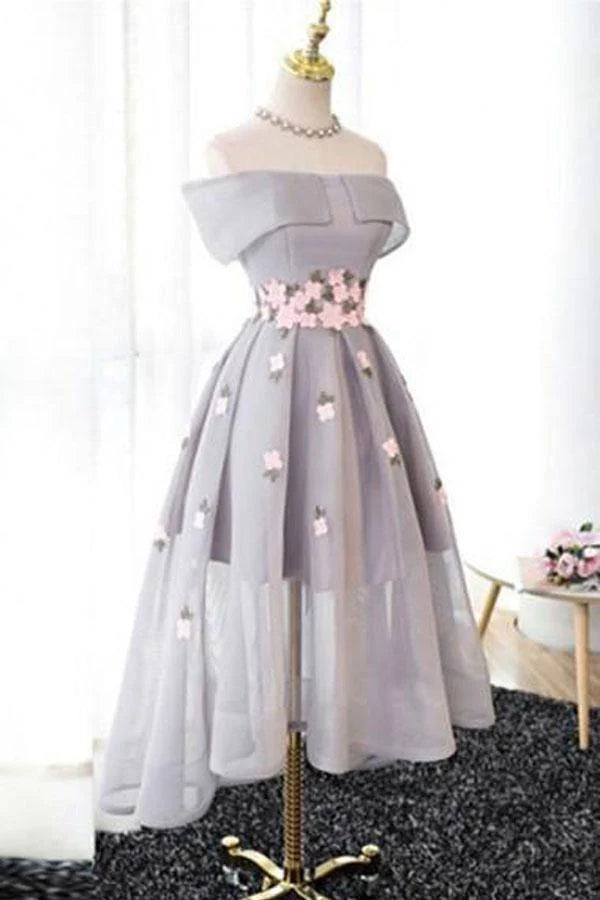 Grey off-the-shoulder high-low tulle homecoming dress with delicate appliques.