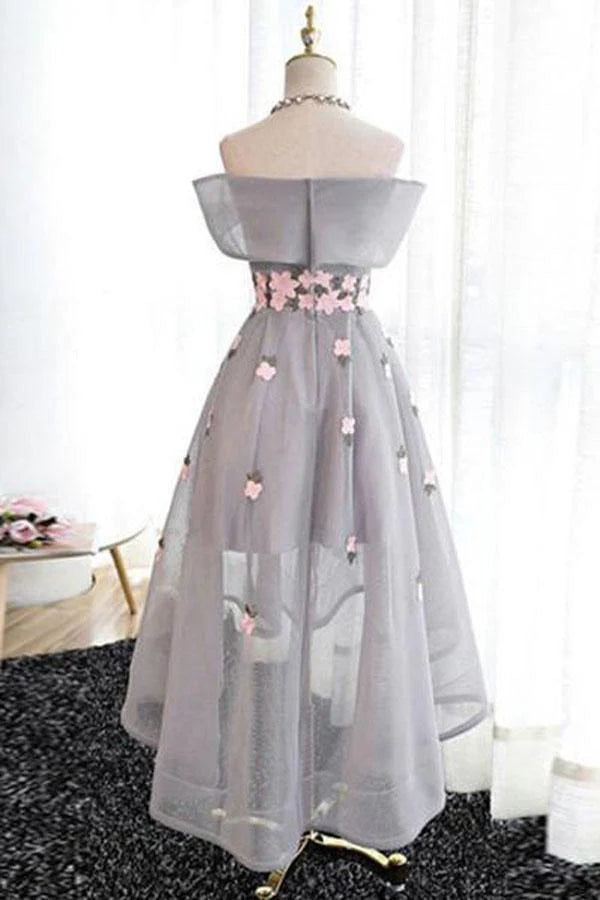 Full view of the grey off-the-shoulder high-low tulle dress.