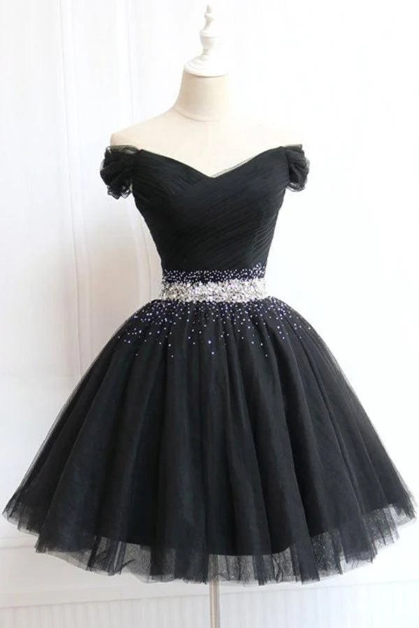Front view of an A-line off-shoulder tulle homecoming dress with beading.