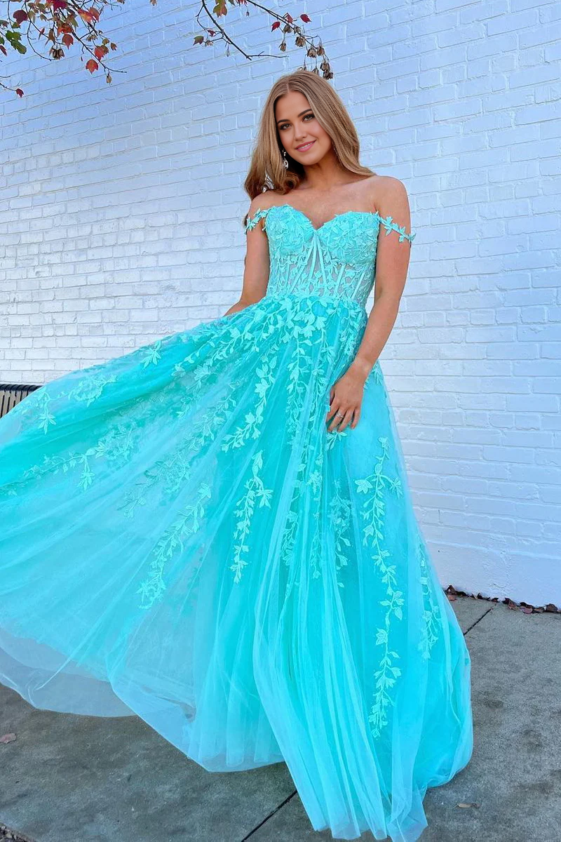 Teal A-line off-shoulder prom dress with appliques, front view.
