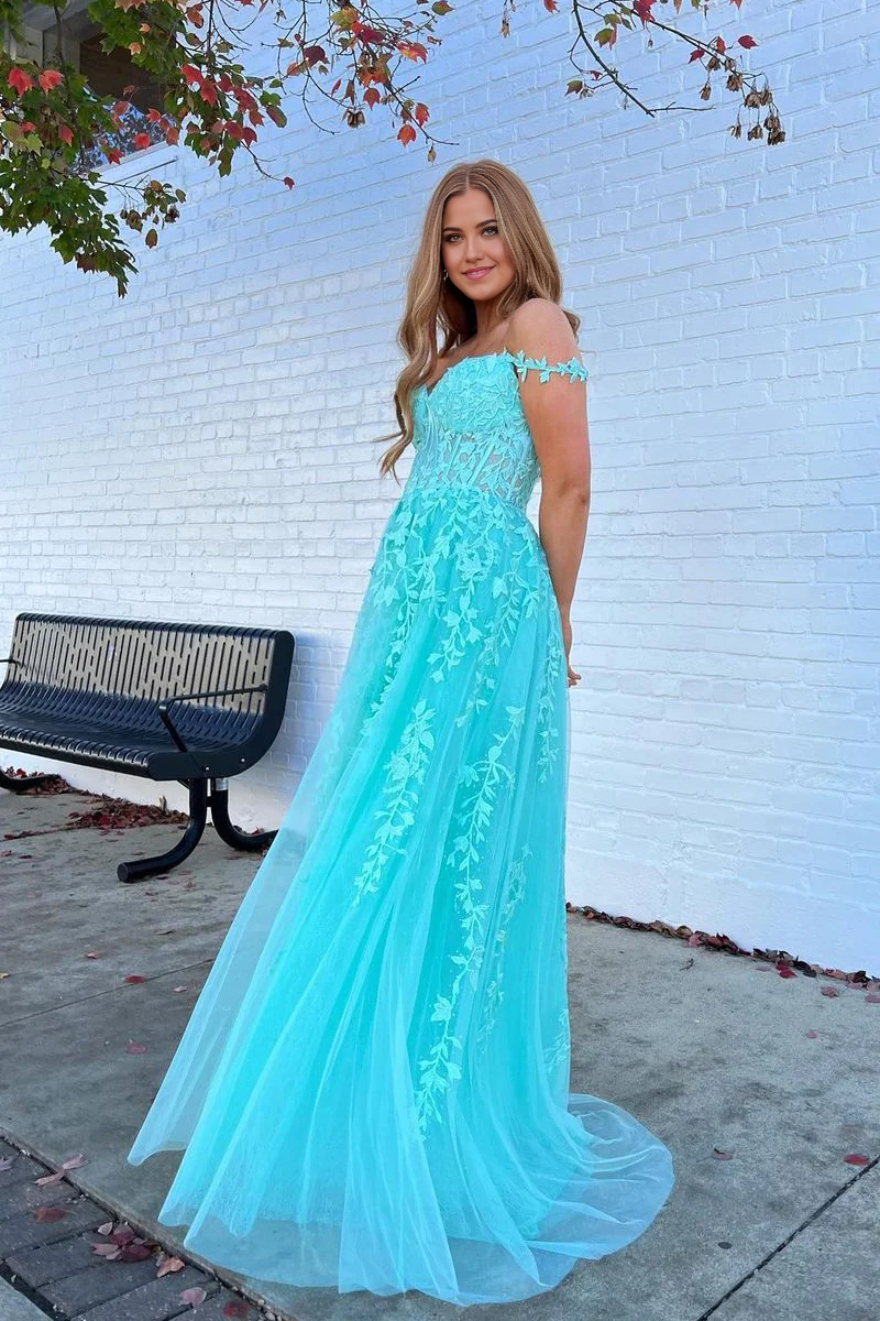 Back view of the teal A-line off-shoulder prom dress.