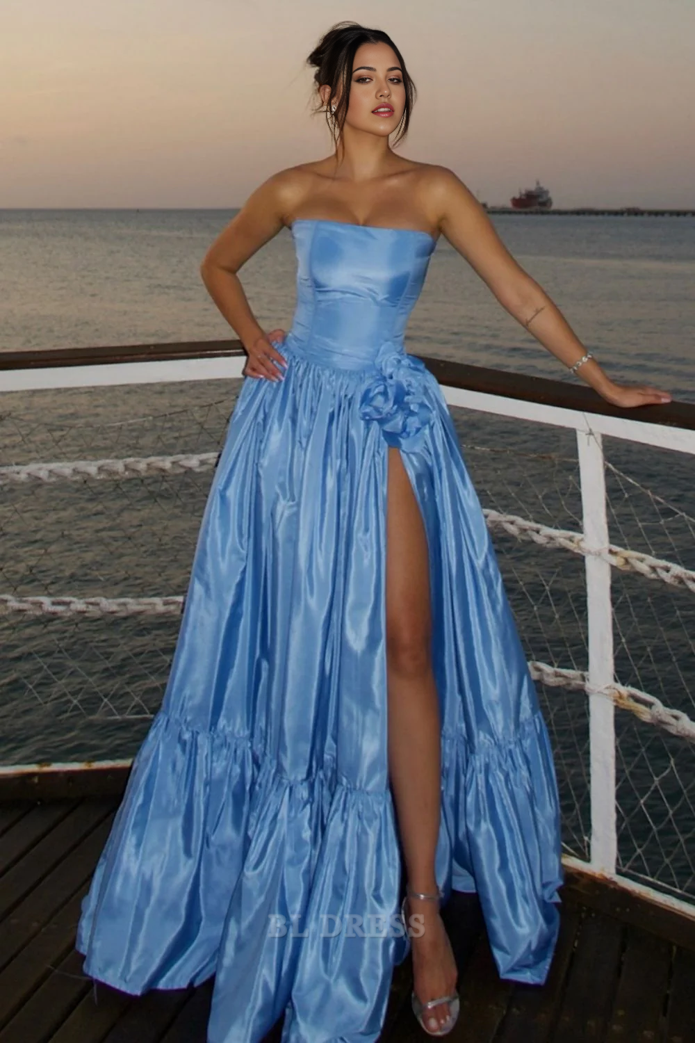 Charming blue satin A-line strapless long formal dress with a split front.