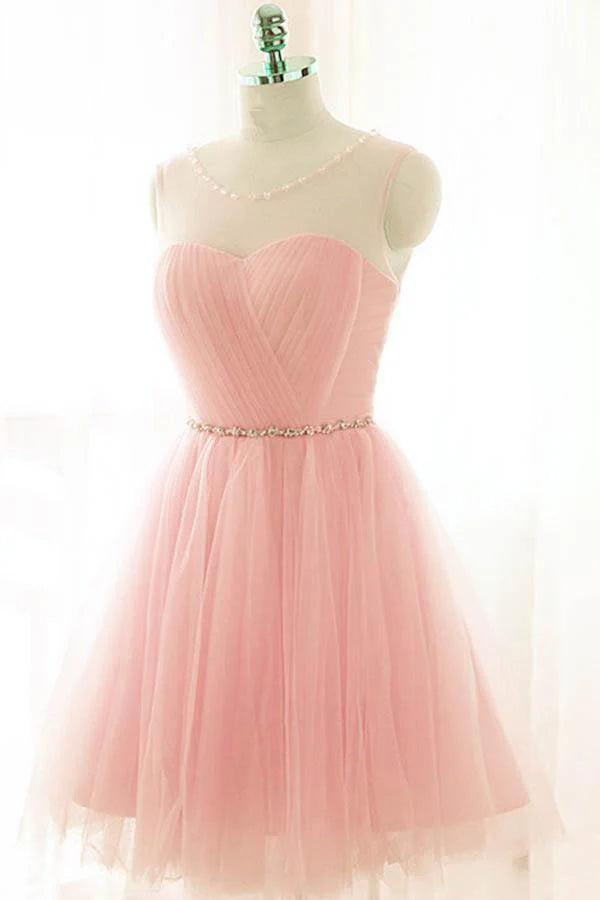 Pink A-line tulle short prom dress with a sweetheart neckline, perfect for homecoming or parties.