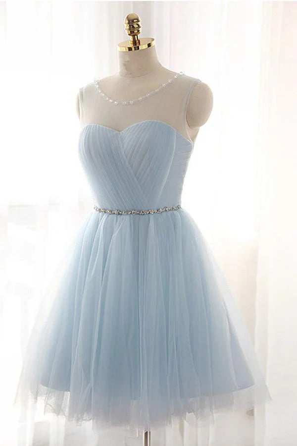 Model wearing a charming A-line tulle short homecoming dress in pink, suitable for formal events.