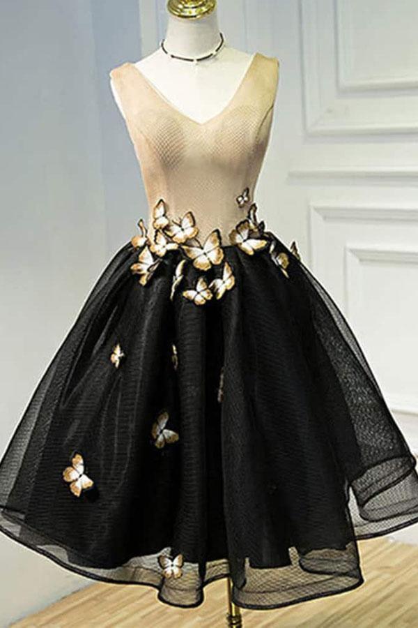 Black A-line V-neck short homecoming dress with butterfly detail.