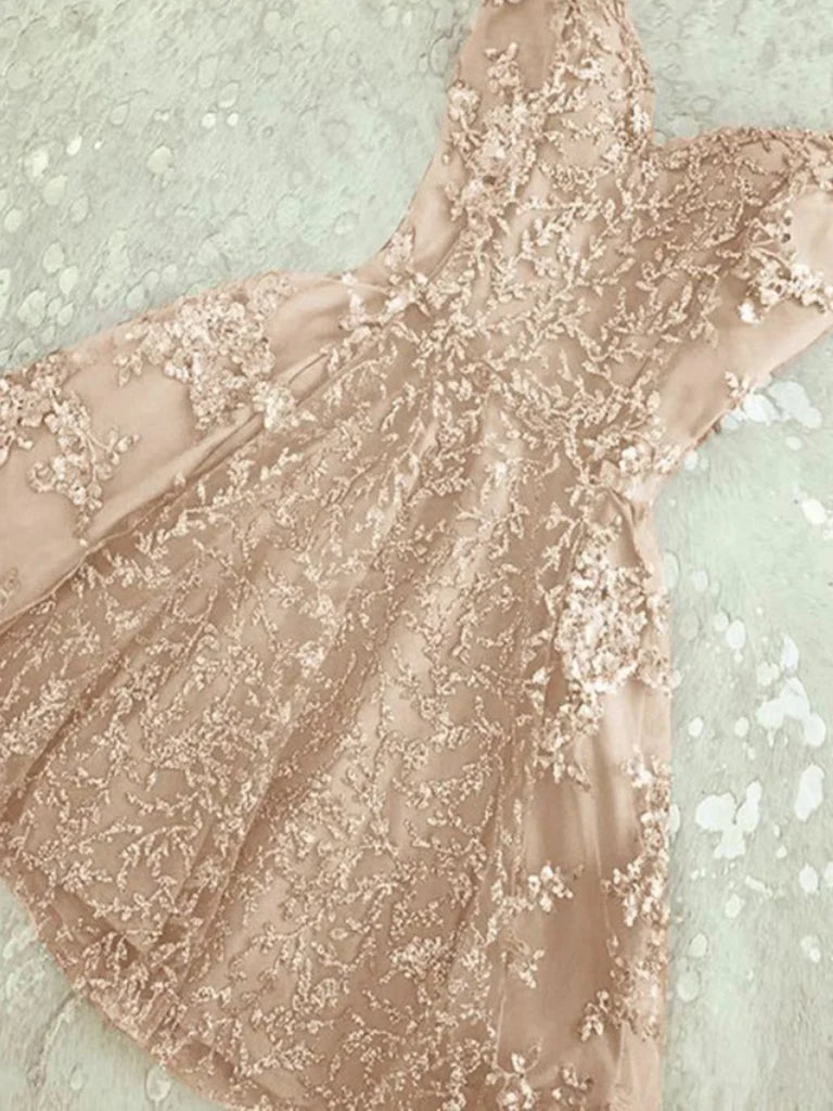 Model wearing a short V-neck lace A-line prom dress.