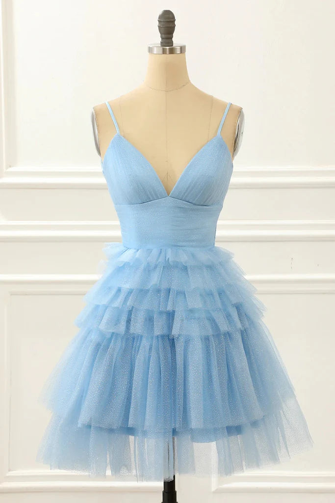 Light blue A-line short homecoming dress with V-neck and ruffles.