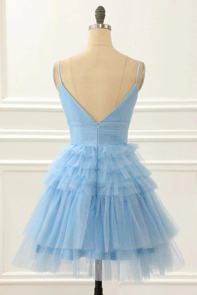 Light blue A-line short homecoming dress with V-neck and ruffles.