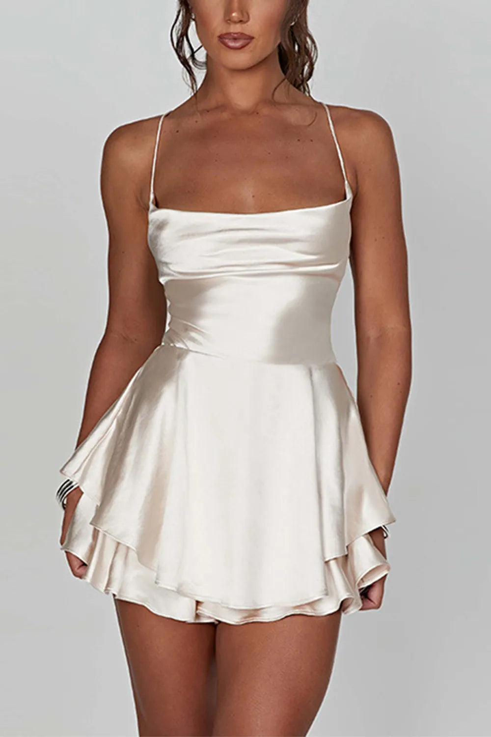 Back view of A-line dress with lace-up corset detail.