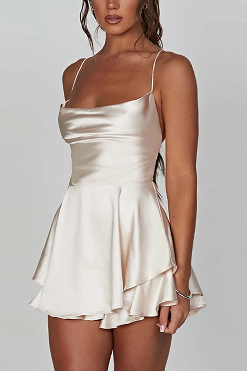 Side view of A-line homecoming dress.