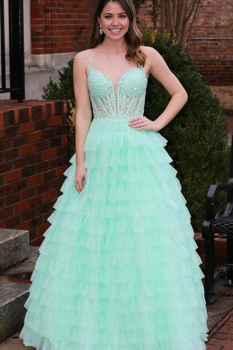 Mint A-line V-neck tiered tulle prom dress, front view.