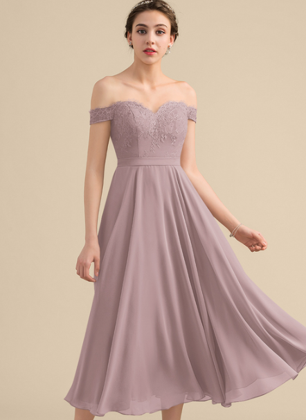 Elegant A-line off-shoulder tea-length homecoming dress with lace and beading.