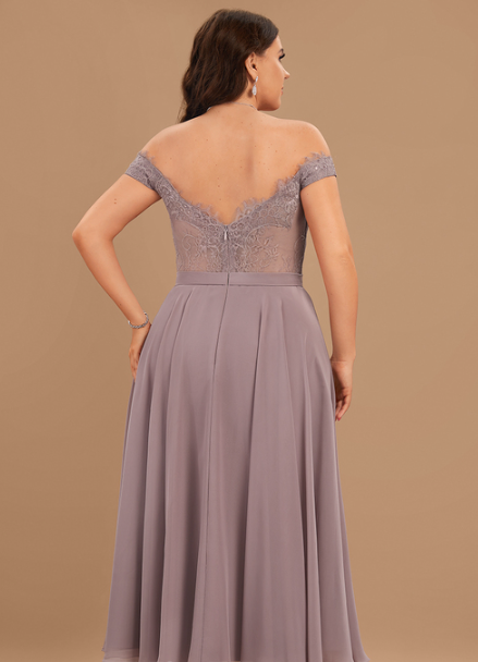 Back view of the A-line off-shoulder dress, showcasing its flowing chiffon skirt.
