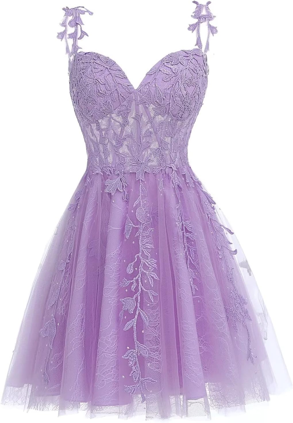A-line sweetheart lace applique tulle dress in lilac.