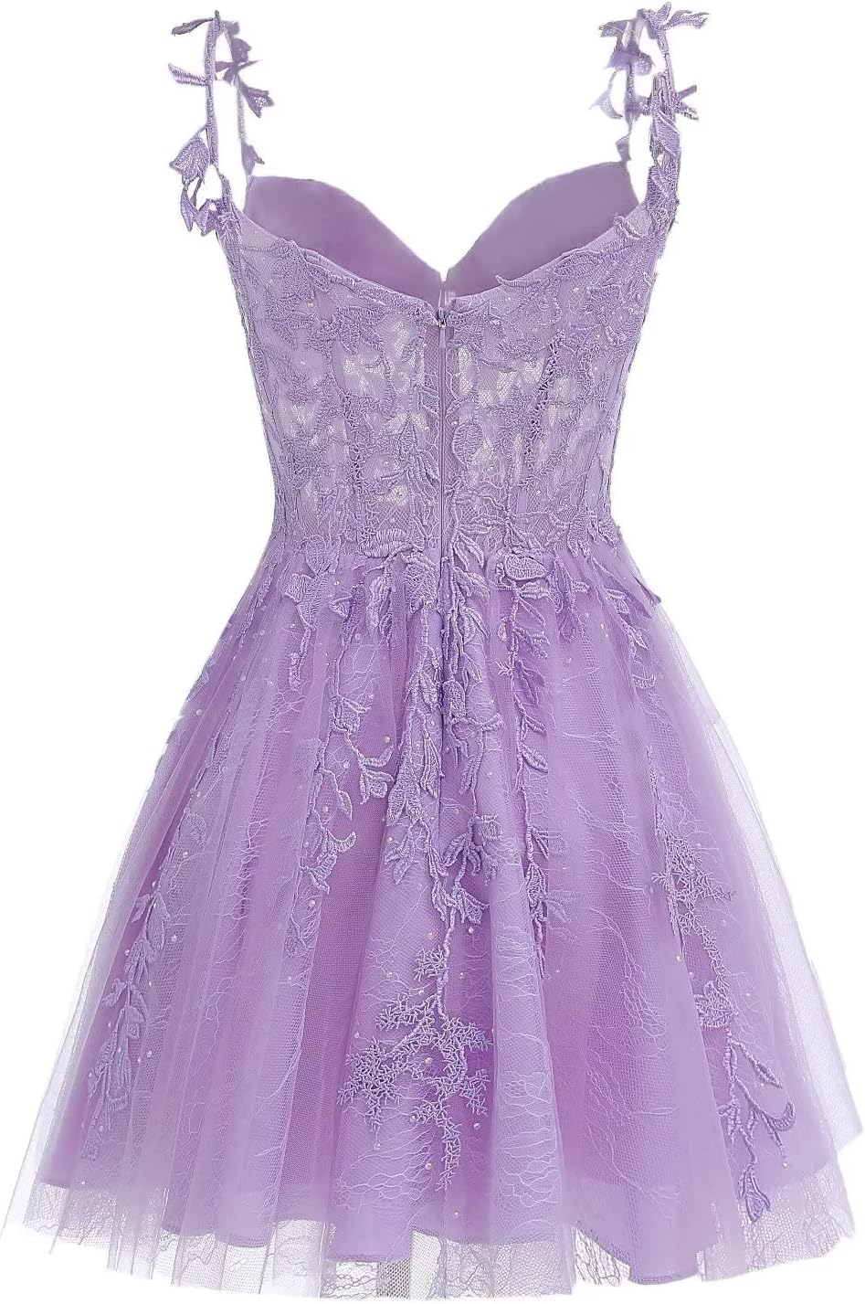 A-line sweetheart lace applique tulle dress in lilac.