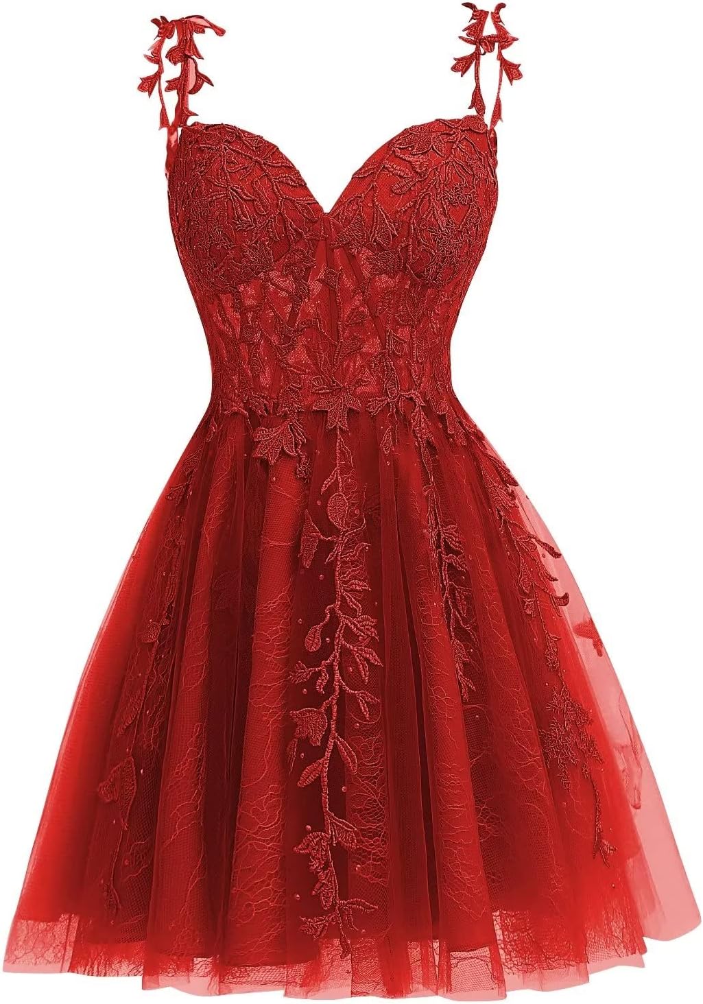 A-line sweetheart lace applique tulle dress in red.