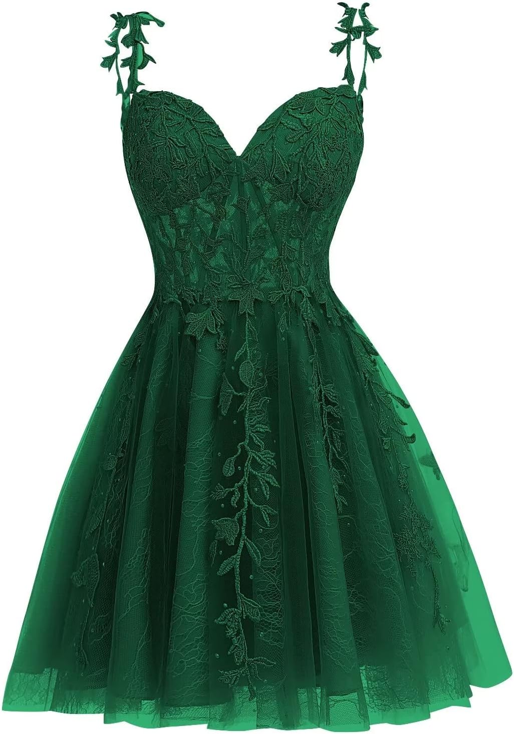 A-line sweetheart lace applique tulle dress in emerald green.