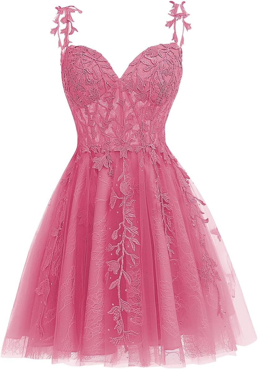 A-line sweetheart lace applique tulle dress in hot pink.