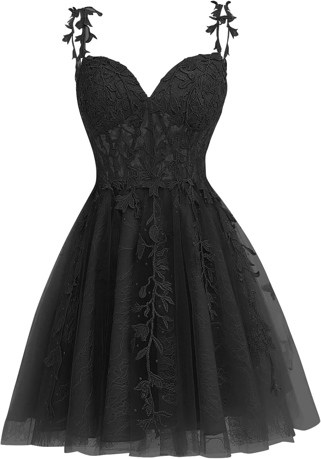 A-line sweetheart lace applique tulle dress in black.